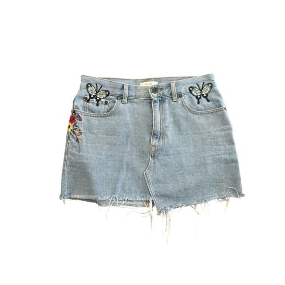 Aritzia Dresses & Skirts - TNA Golden by Aritzia Embroidered Floral Butterfy Asymmetrical Jean Skirt